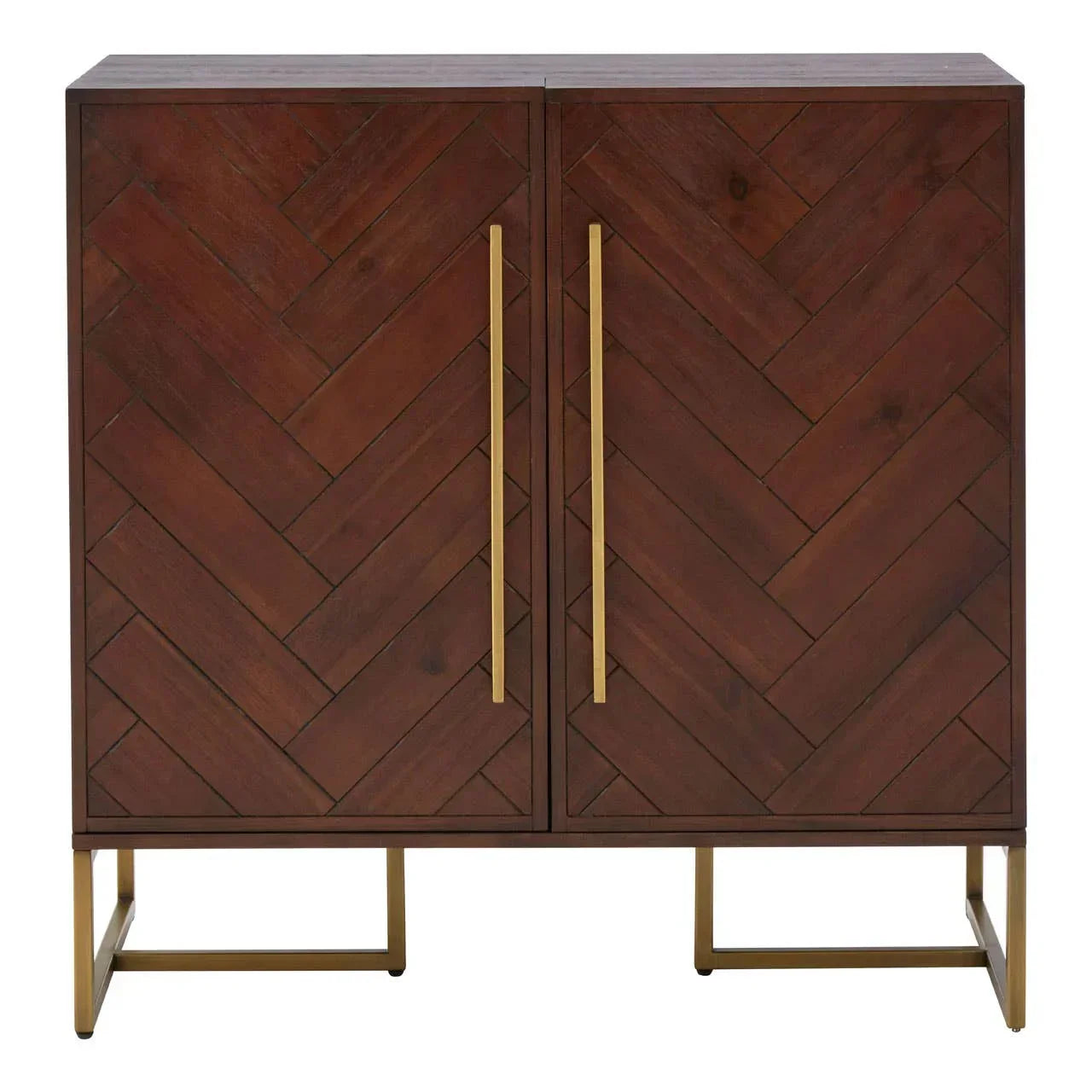 Walnut wood sideboard with herringbone pattern doors and gold metal handles on gold base