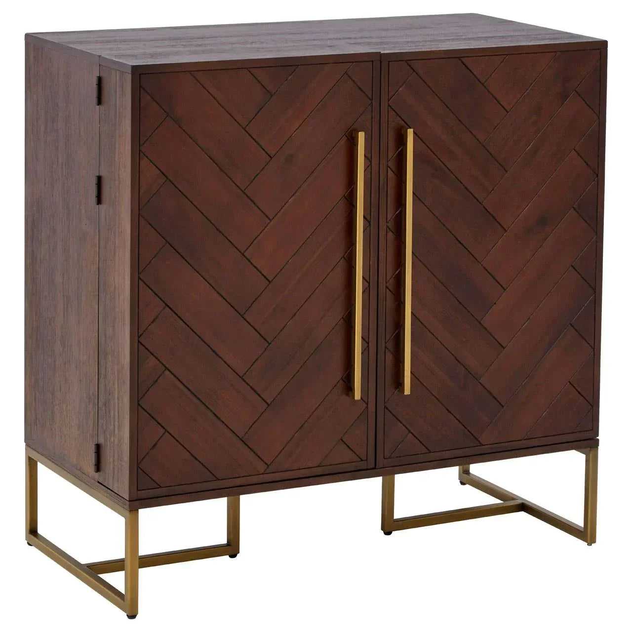 Dark wood sideboard with herringbone pattern doors and gold metal handles on gold legs
