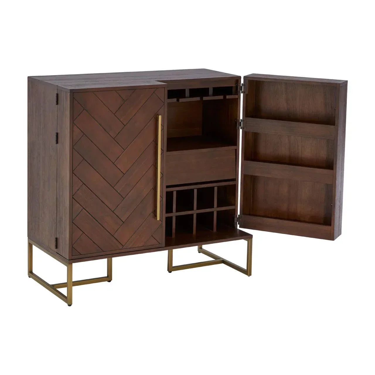 Wooden drinks cabinet with open door, wine rack, brass legs and chevron panel detail
