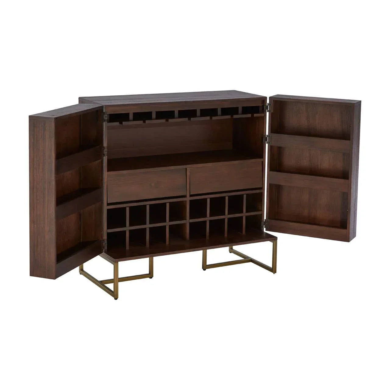 Dark wood sideboard drinks cabinet with open doors, glass racks, shelves and wine slots