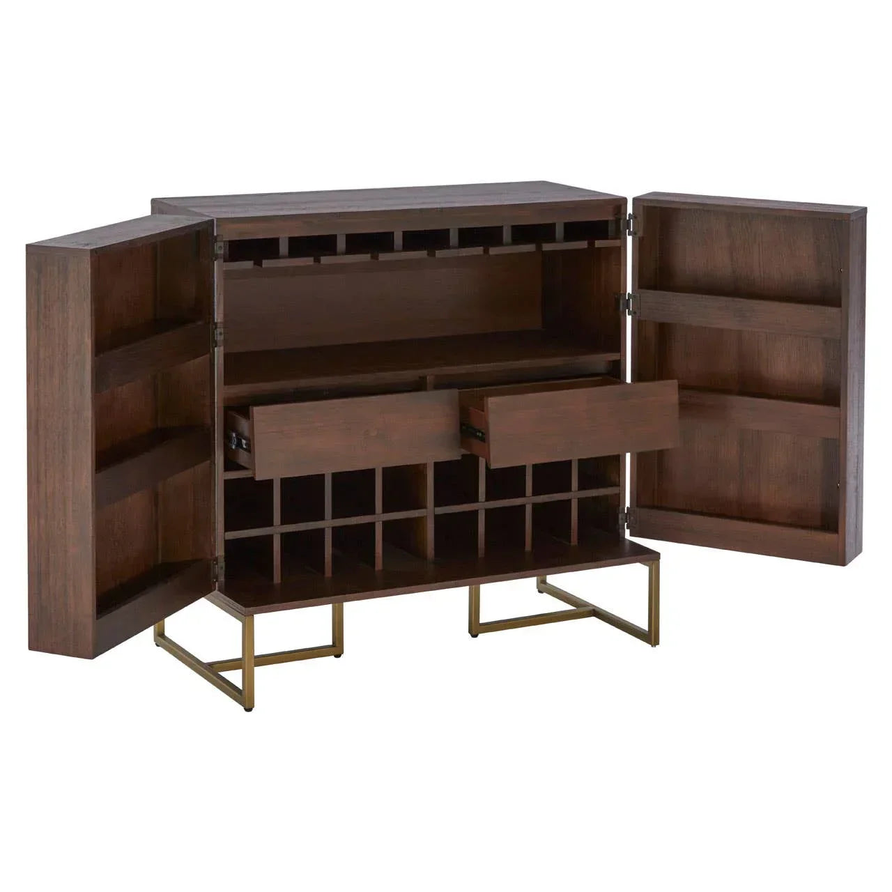 Dark wood bar cabinet with open doors, wine rack, shelves, drawers and gold metal legs