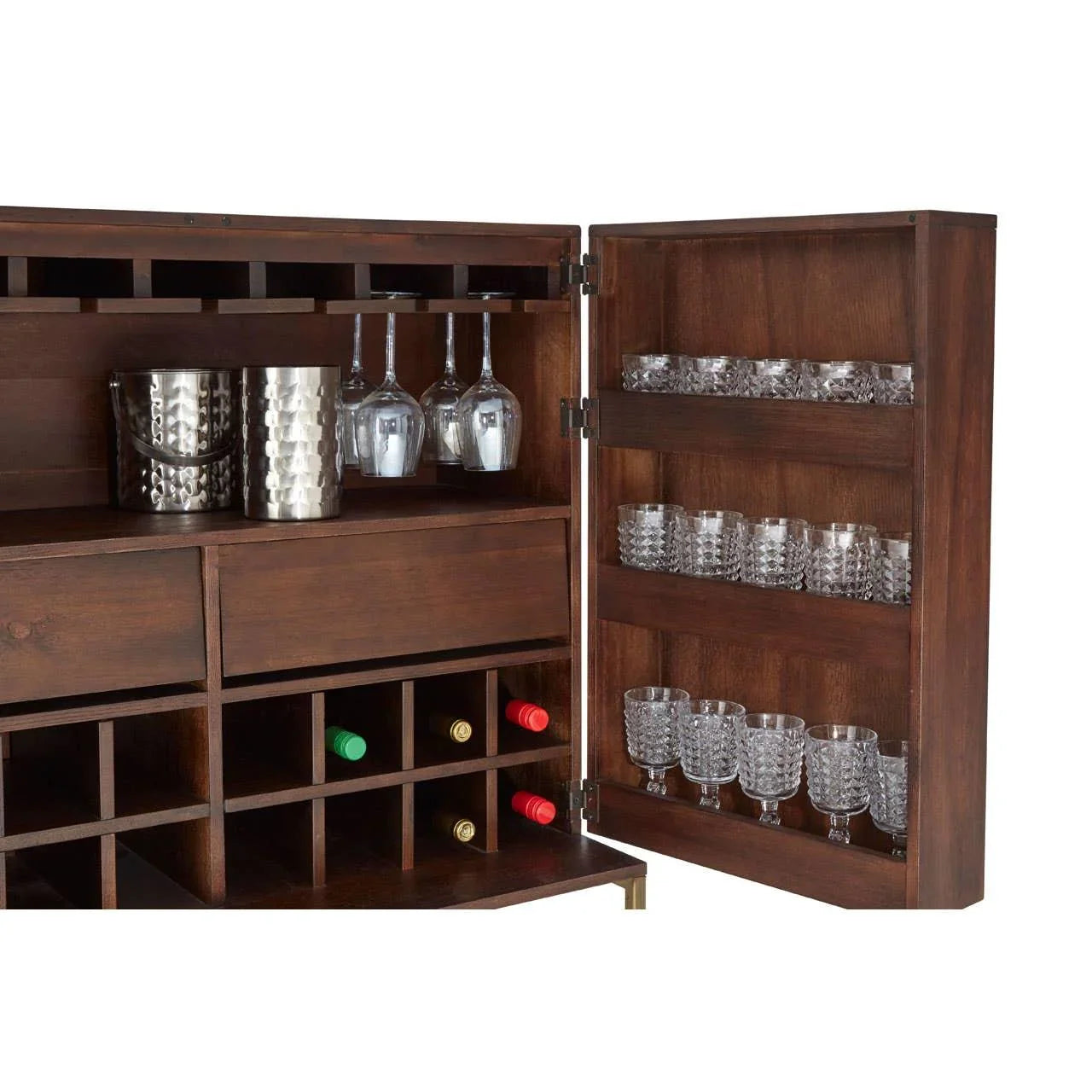 Dark wood bar cabinet with glassware, wine storage, metal ice buckets and open door shelves