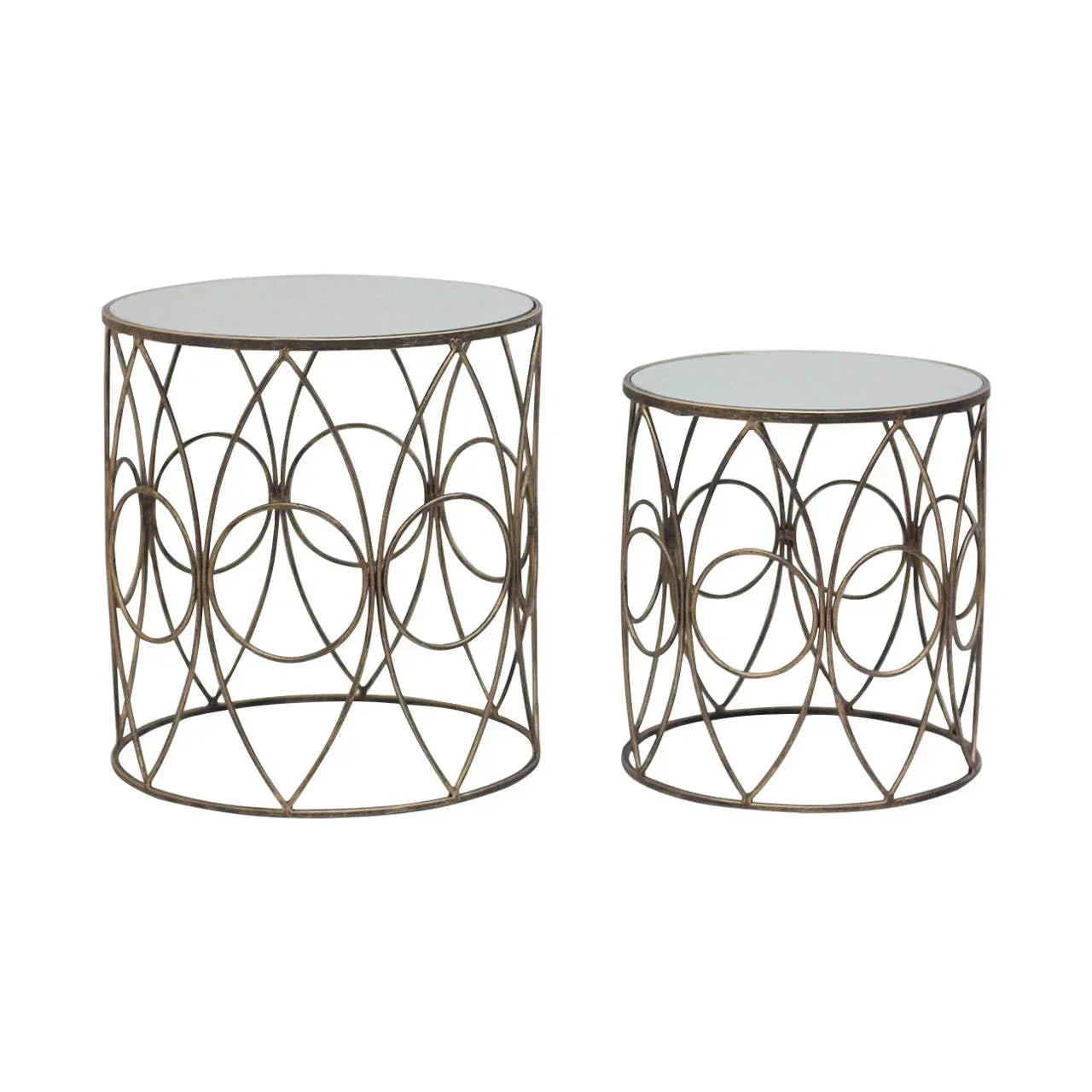 Set of two round glass top side tables with gold metal geometric frames