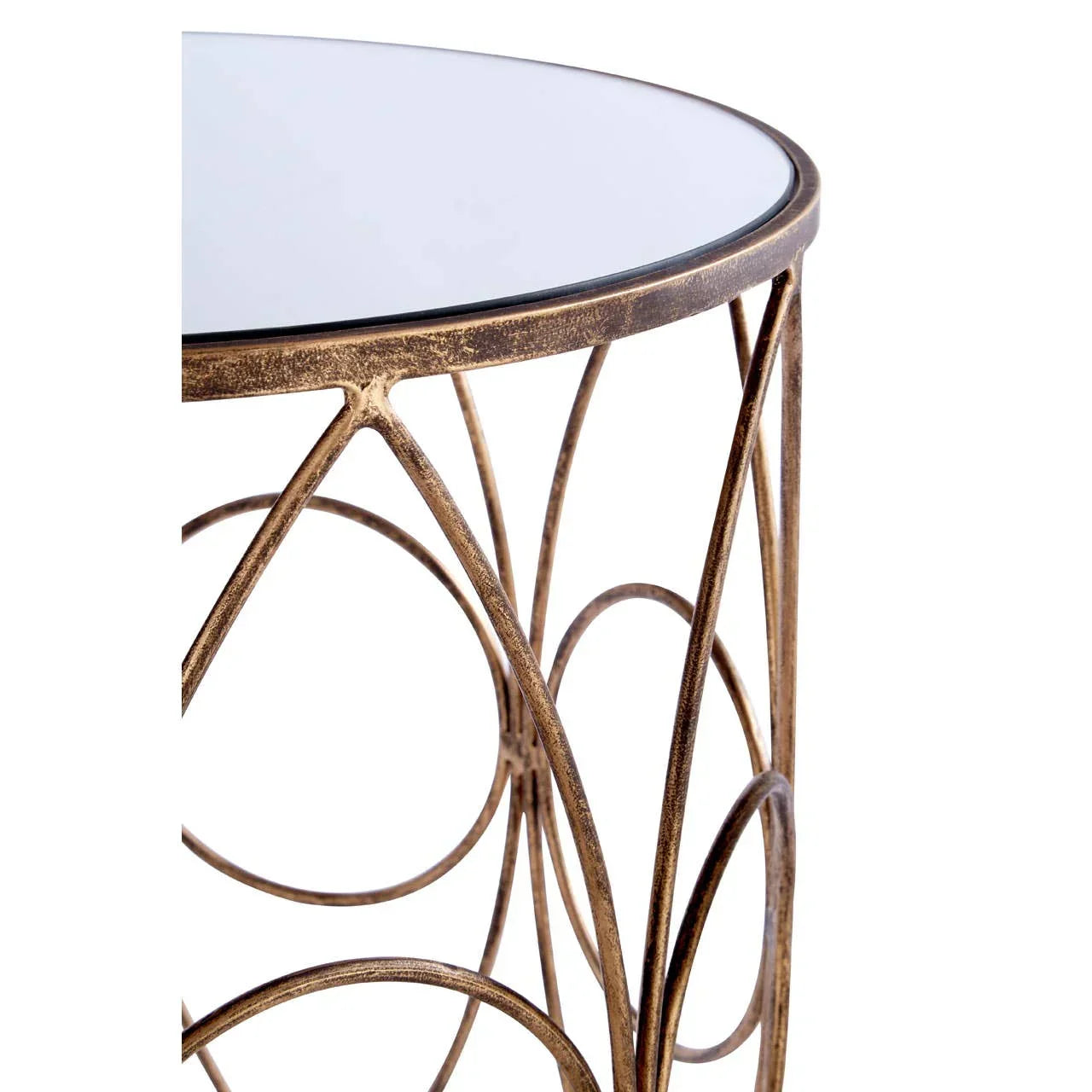 Round glass side table with gold metal frame and geometric circular base detail