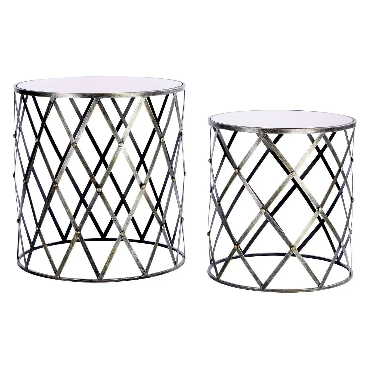 Set of two round metal side tables with lattice design and mirrored tops