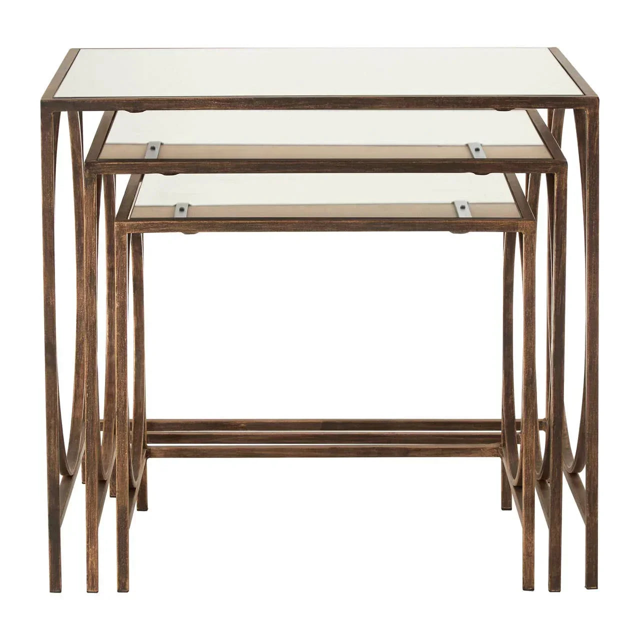 Set of three glass top nesting tables with bronze metal frames, shown front-facing