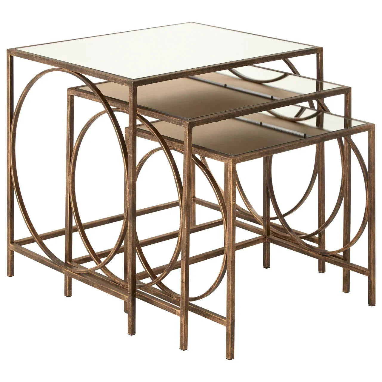 Set of three gold metal nesting tables with mirrored glass tops and circular side frames