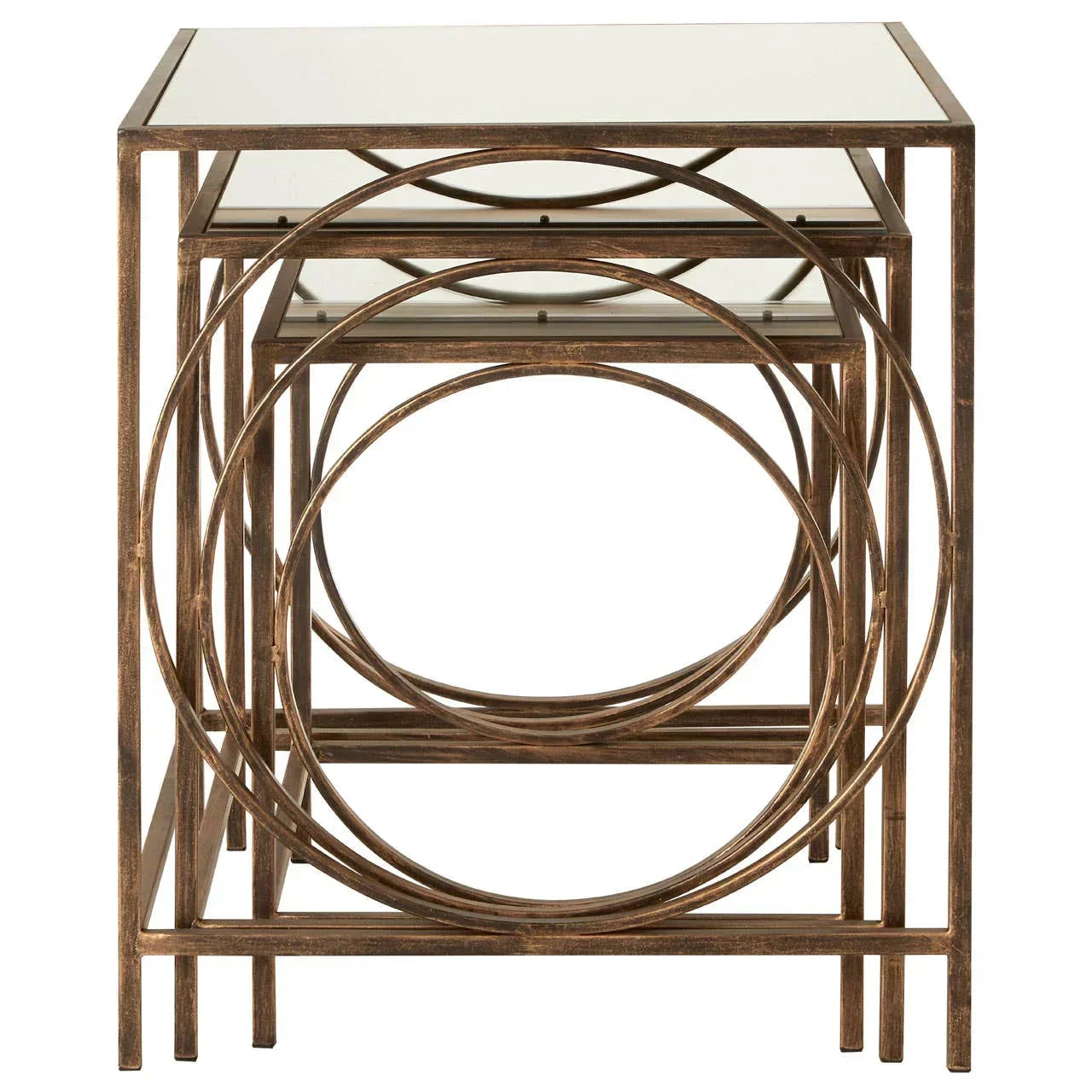 Gold metal nesting side tables with mirrored tops and geometric circle frame detail, front view
