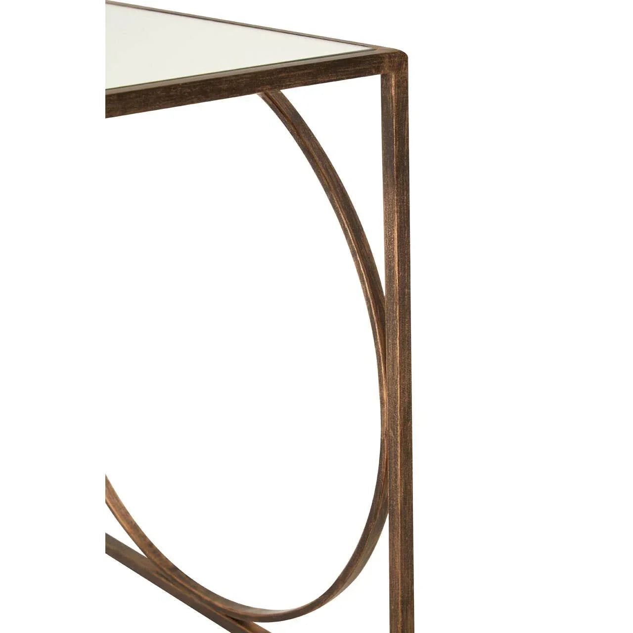 Glass top console table with gold metal frame and curved side detail
