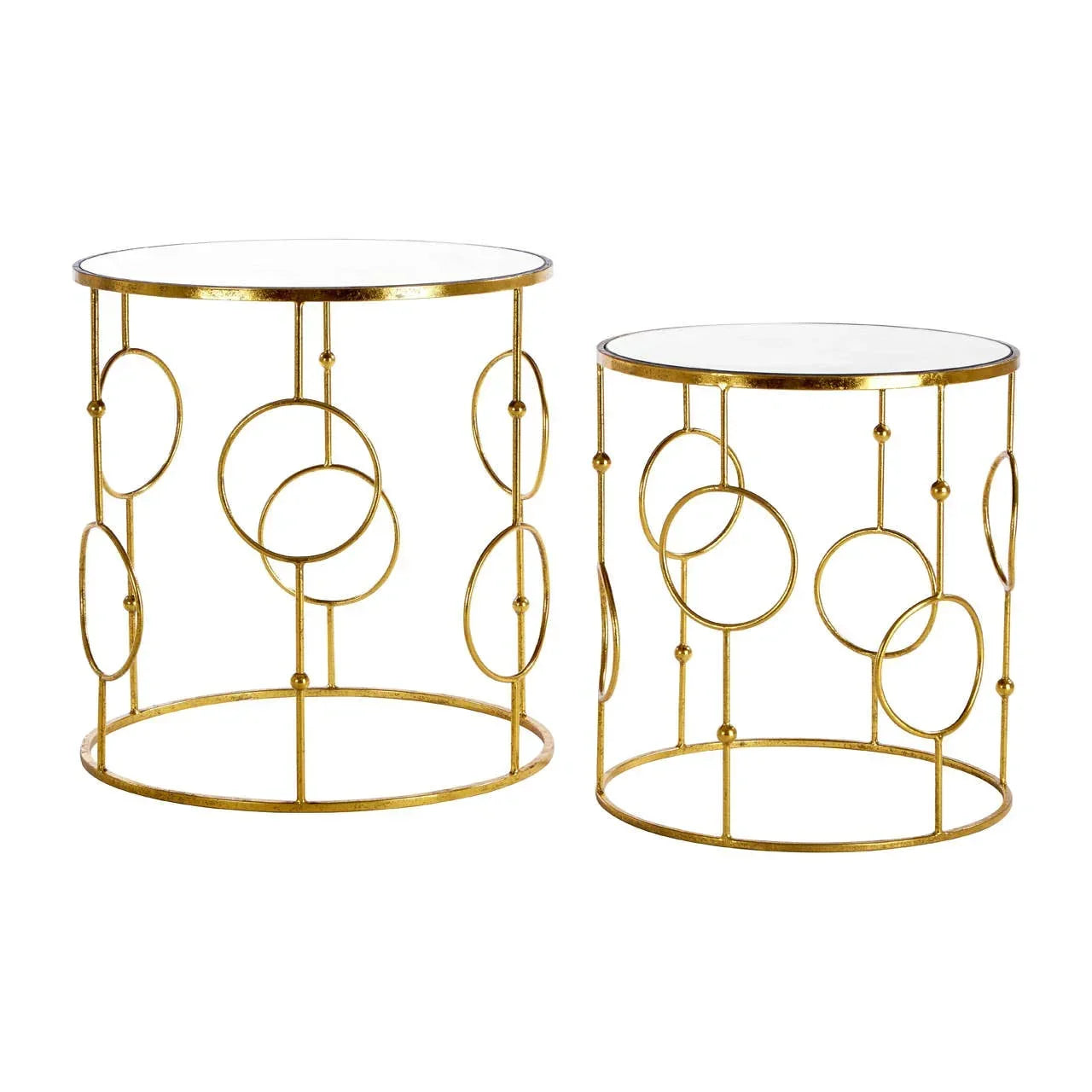 Gold metal side tables with glass tops and decorative circle frames, set of two