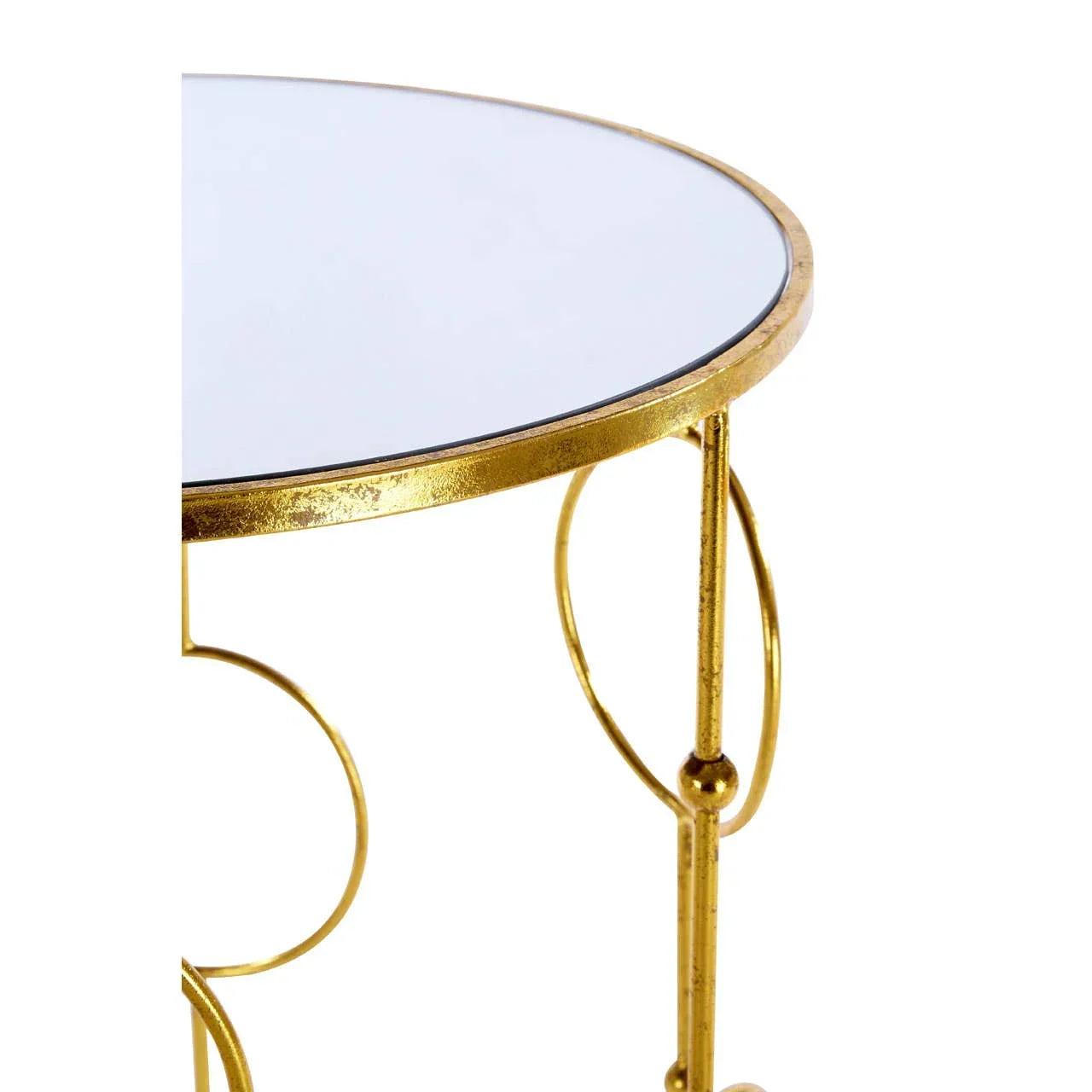 Round glass top side table with gold metal frame and circular detailing