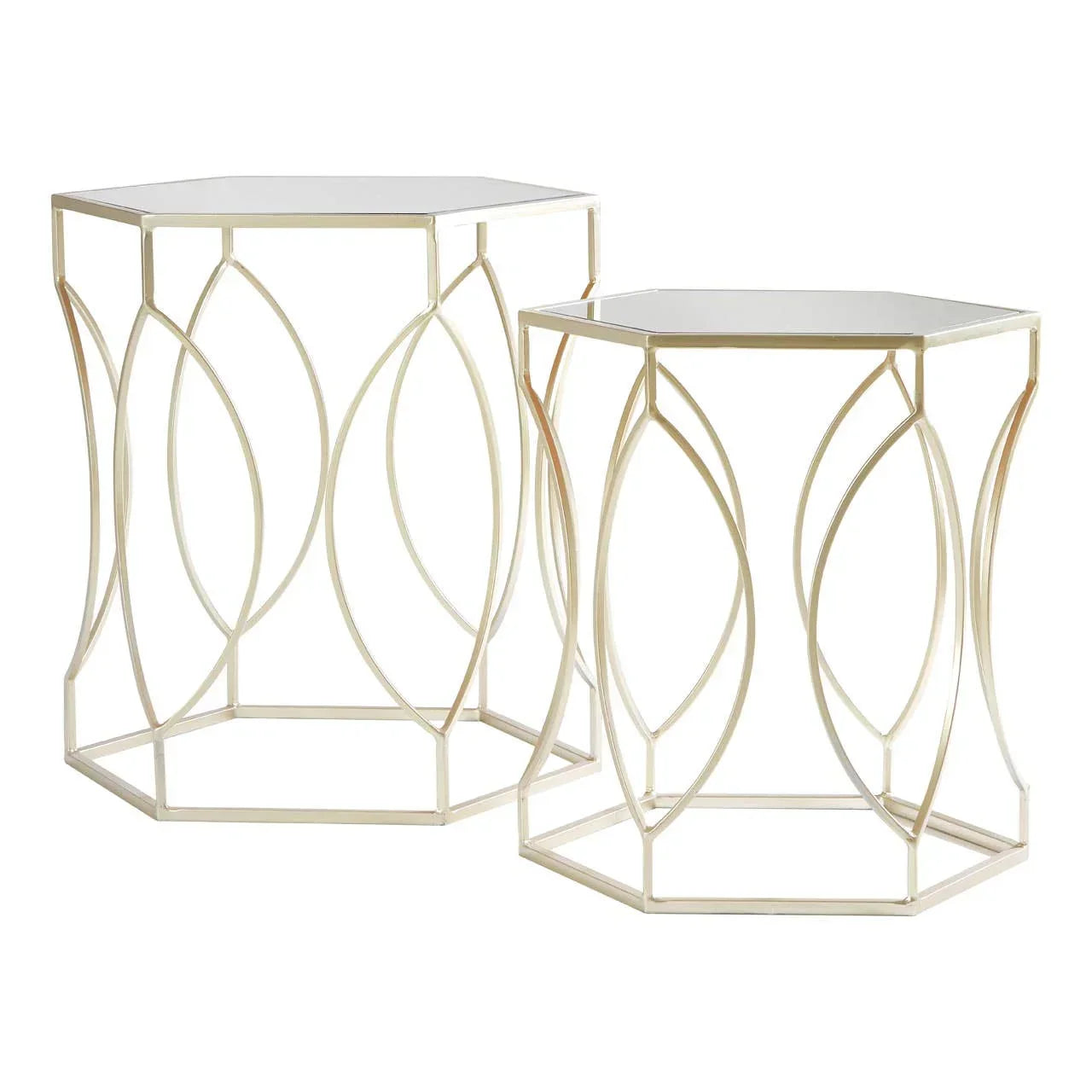 Set of two gold hexagonal side tables with geometric metal frames and mirrored tops