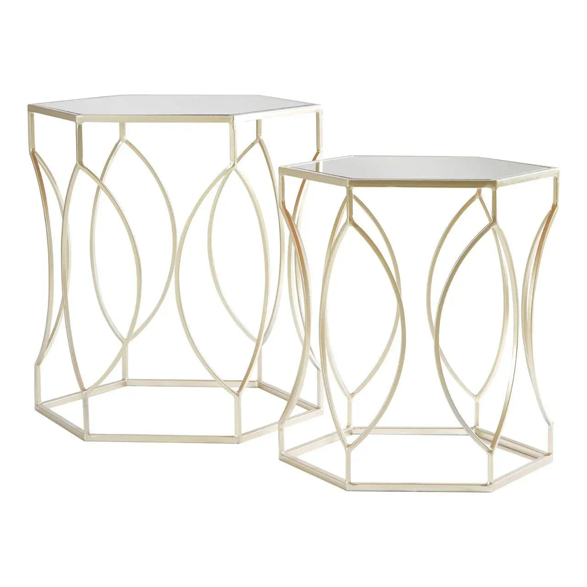 Pair of champagne gold hexagonal nesting tables with mirrored tops and leaf-pattern frames