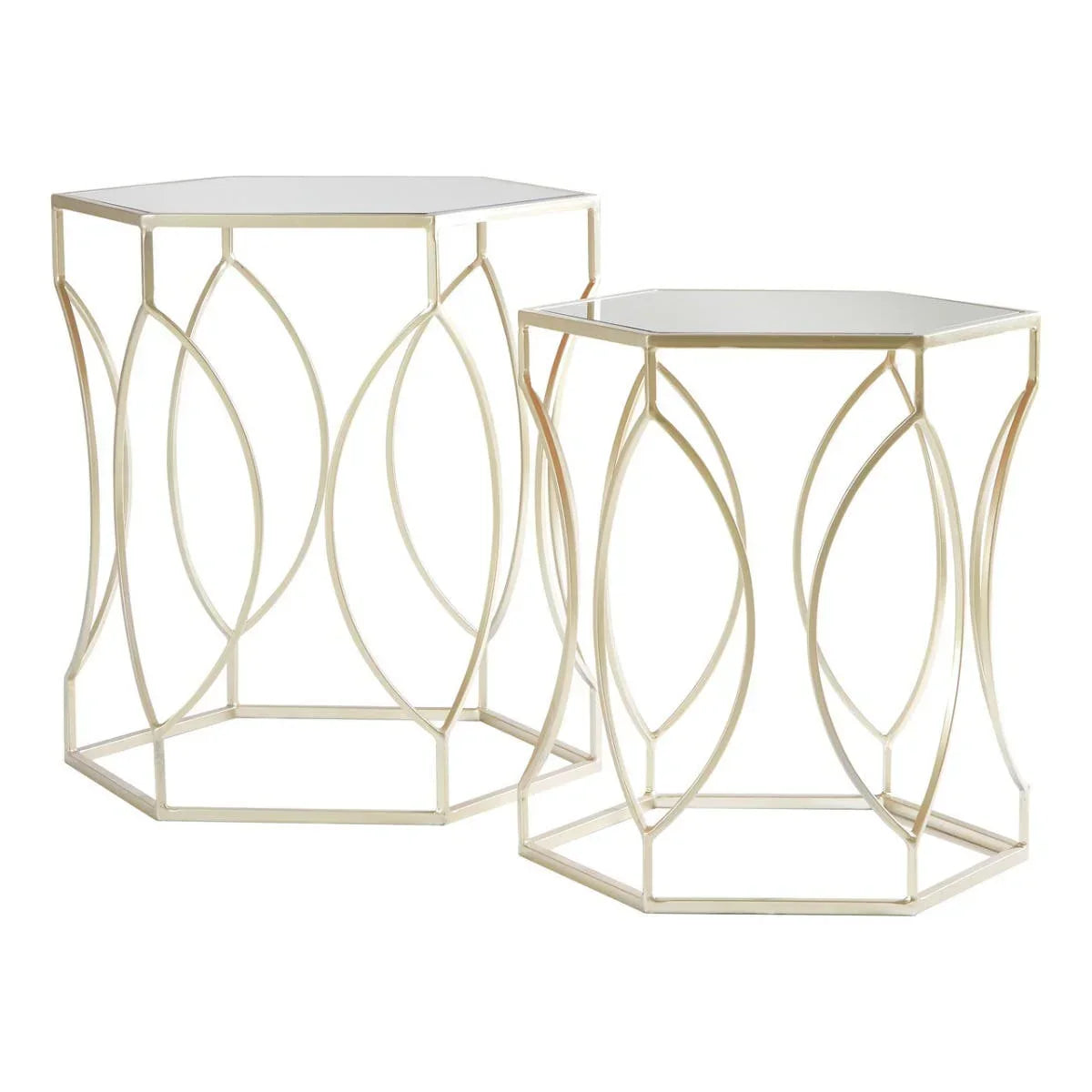 Set of two gold metal side tables with hexagonal mirrored tops and open frame design