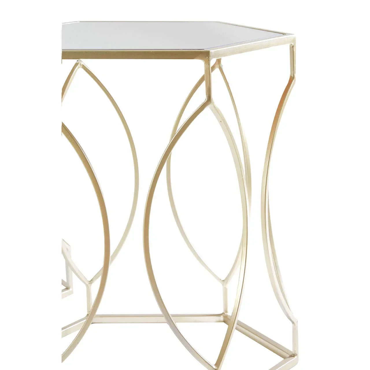 Gold metal hexagonal side table with geometric frame and mirrored top