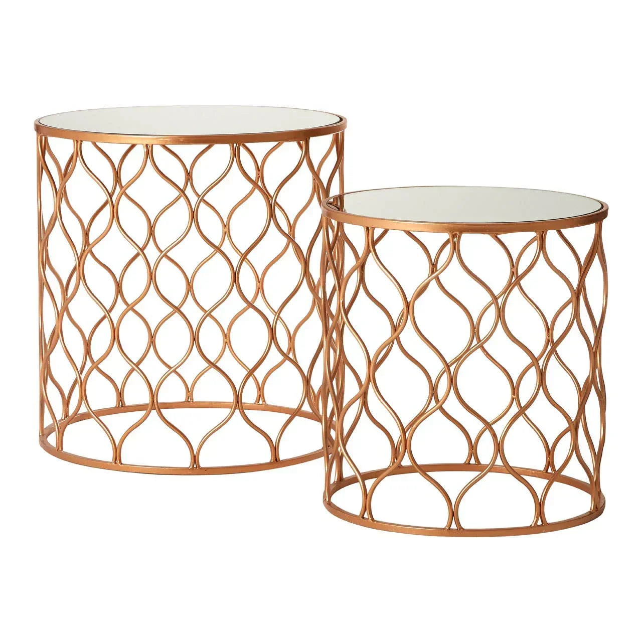 Set of two round gold metal side tables with mirrored tops and open lattice base
