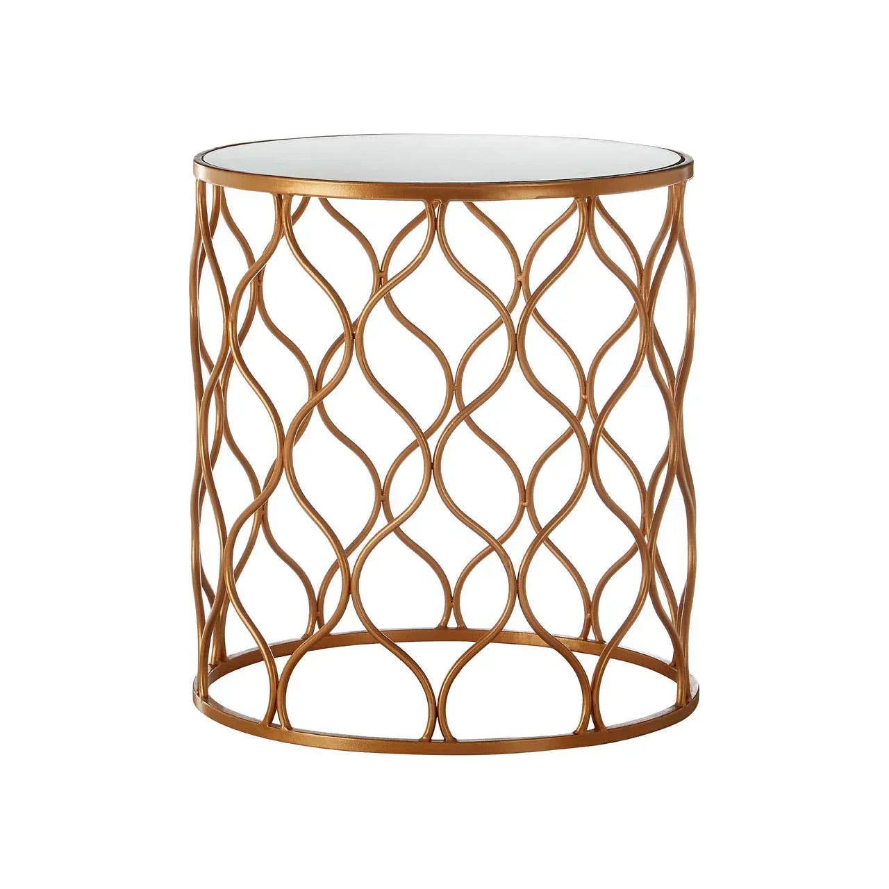 Round gold metal side table with glass top and decorative geometric base
