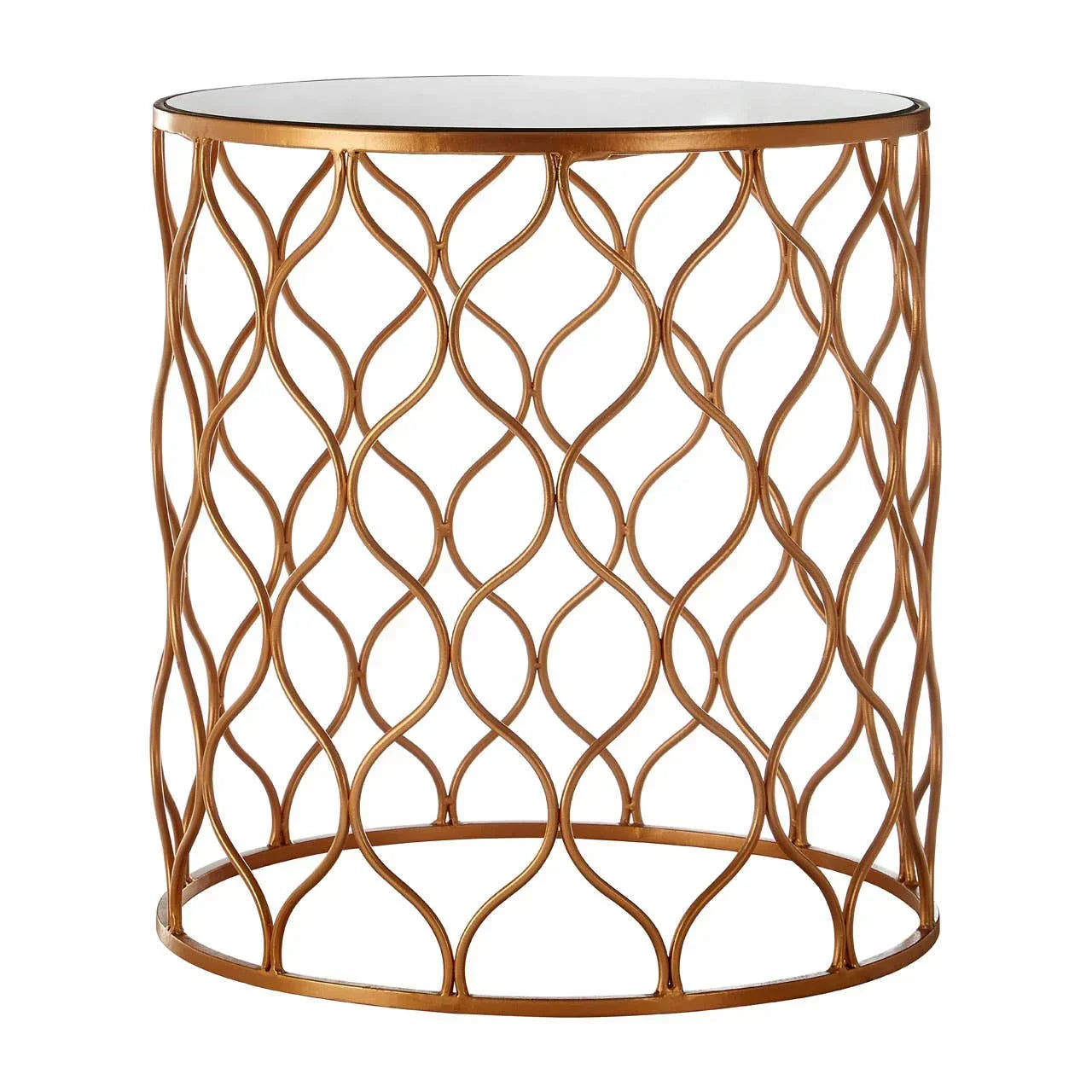 Round gold metal side table with curved openwork base and glass top