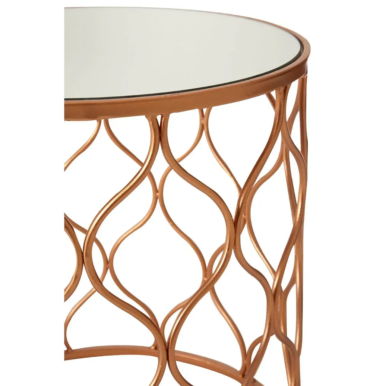 Round glass top side table with gold metal frame and decorative curved lattice design