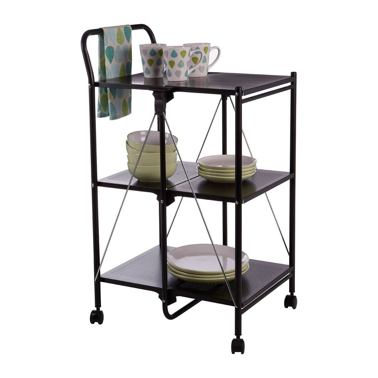 Black rectangular folding kitchen trolley with three shelves, featuring a towel rack on the side. The trolley is equipped with various kitchen items, including cups, plates, and containers, arranged neatly on the shelves. The design includes wheels for easy mobility