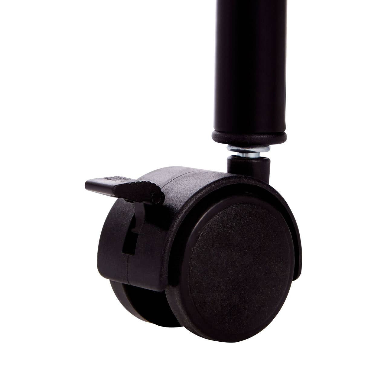 Black wheel of a kitchen trolley with a locking mechanism, designed for easy mobility and stability. The wheel is round and made of durable material, suitable for various surfaces