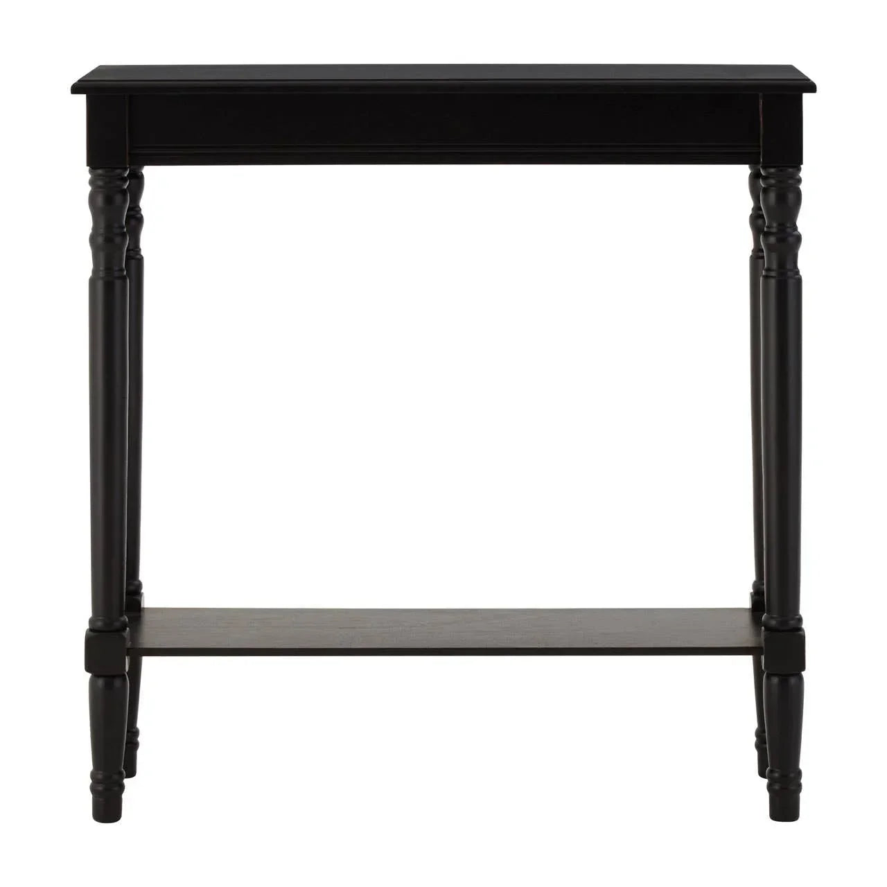 Black console table with lower shelf and turned legs, front view