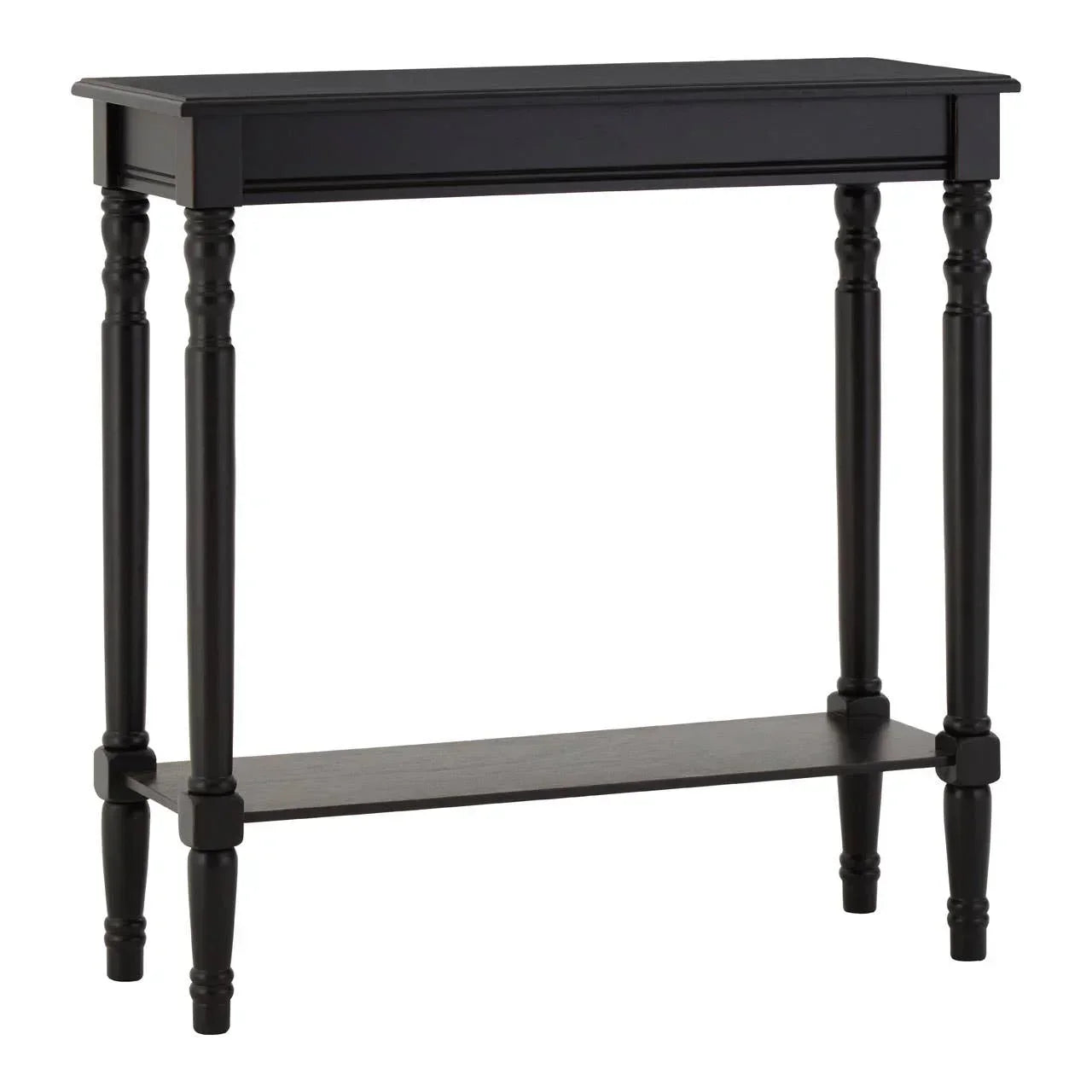 Black console table with turned legs and lower shelf, wood finish, front view