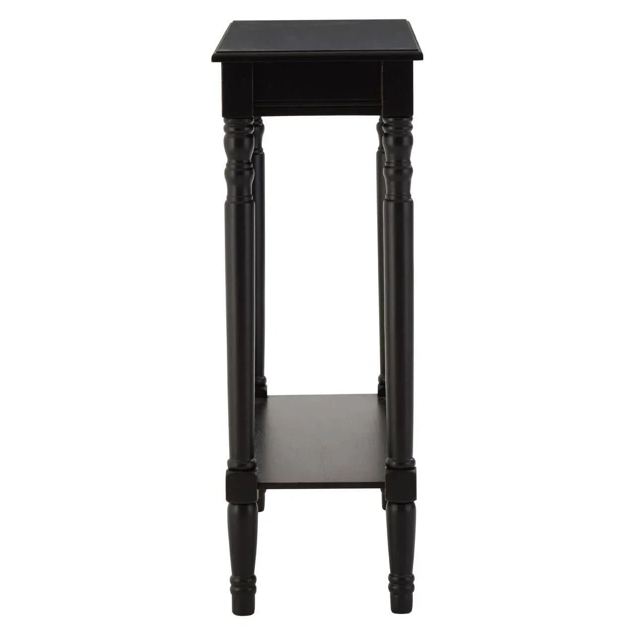 Black wooden side table with lower shelf and turned legs, front view
