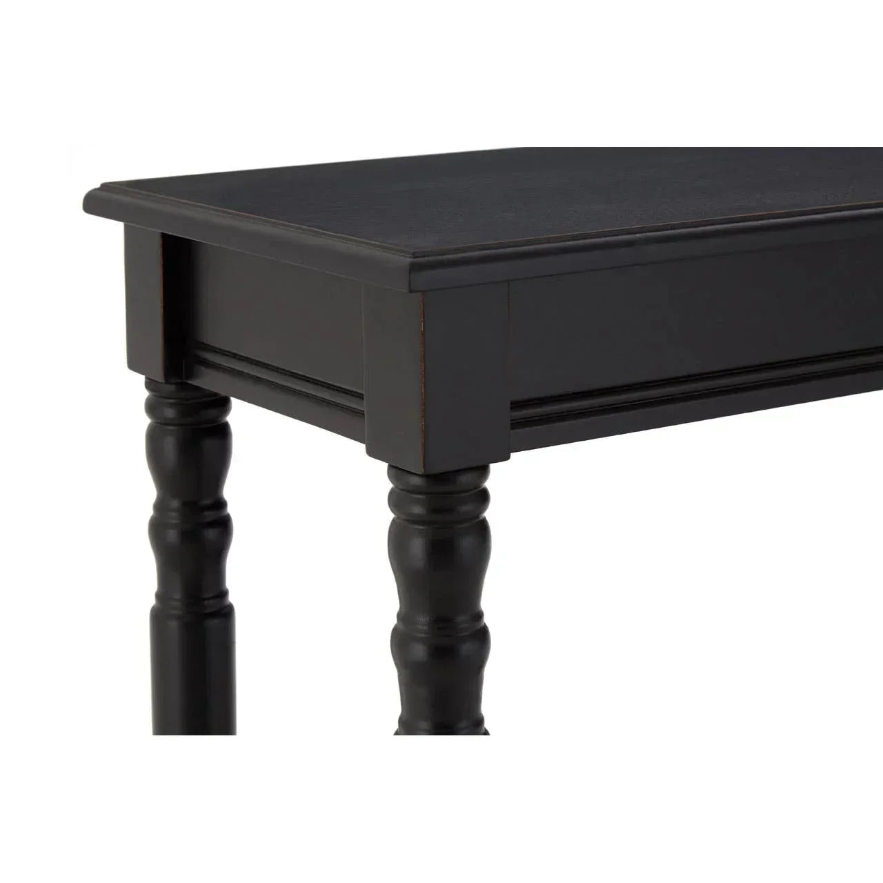 Black wooden console table with turned legs and rectangular tabletop, angled side view