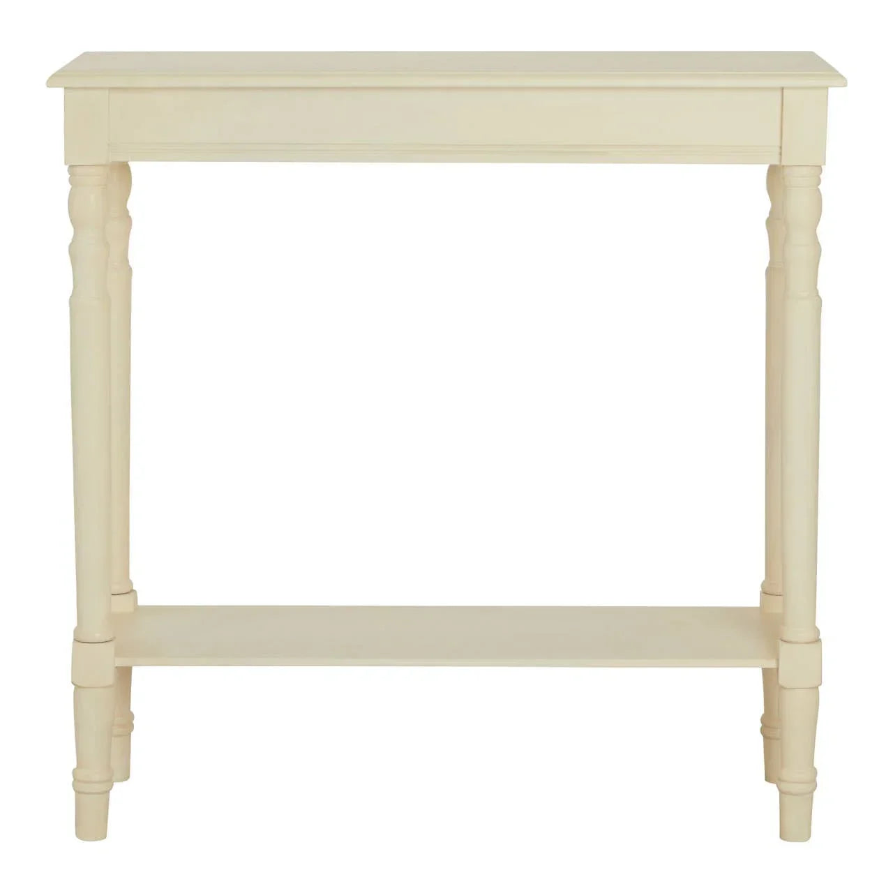 Cream console table with lower shelf and turned wooden legs