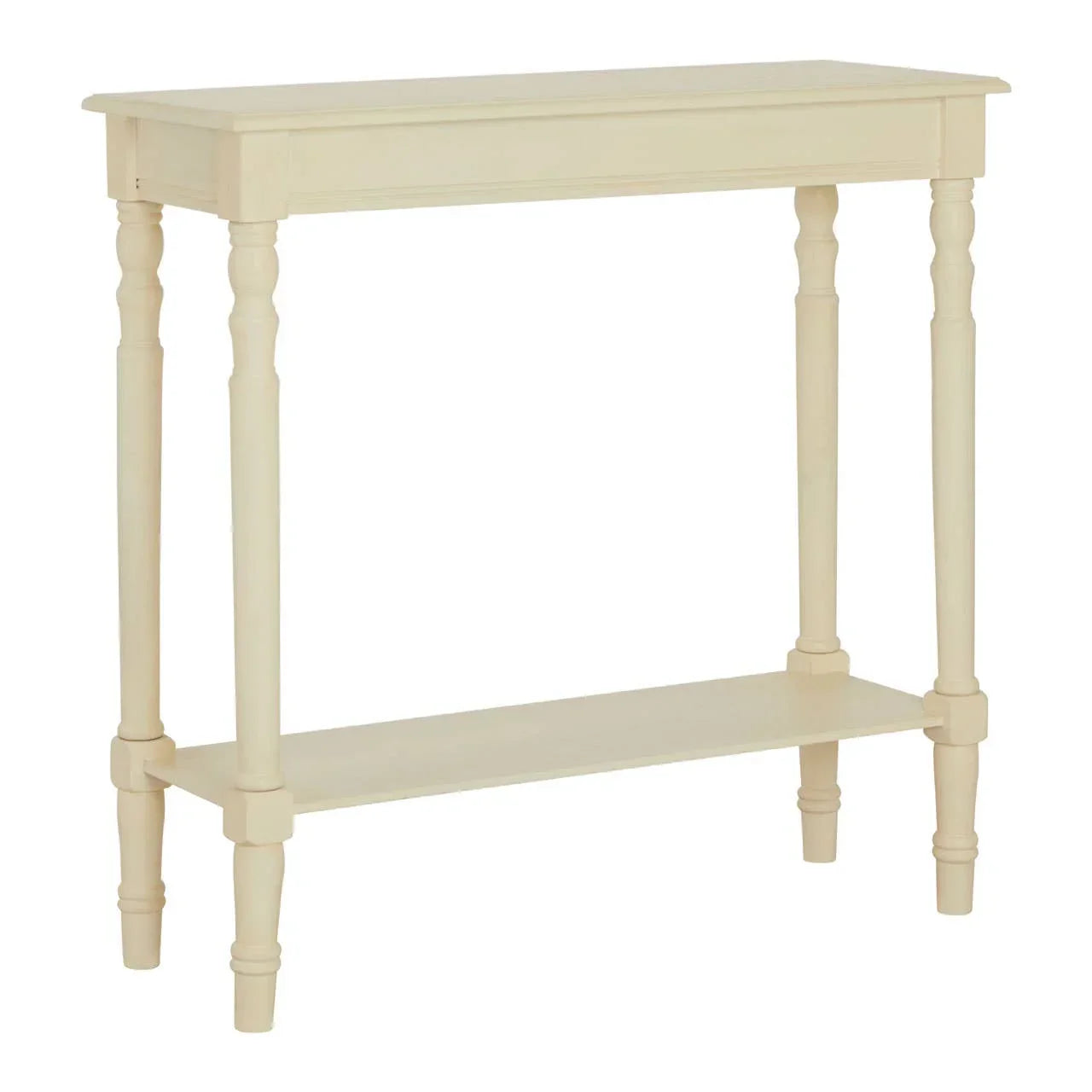 Cream console table with turned legs and lower shelf, front angled view