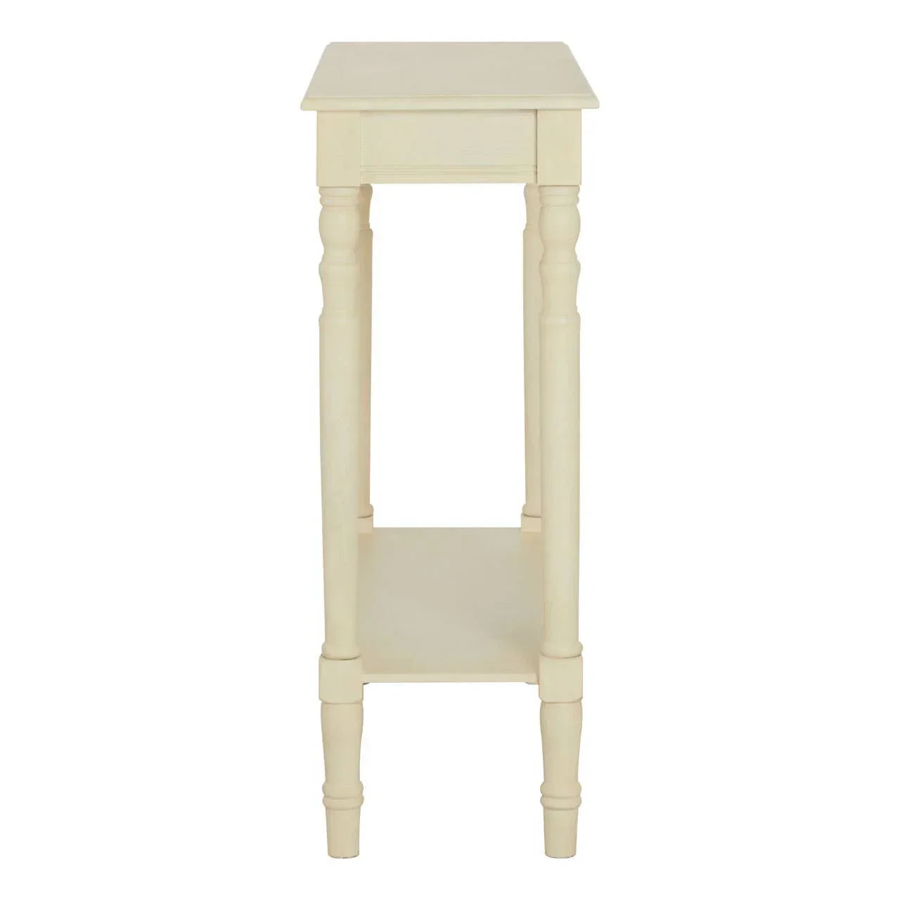 Cream wooden side table with lower shelf and turned legs, front view