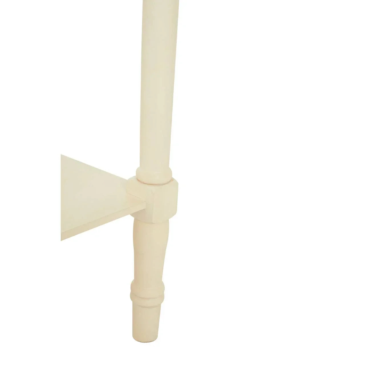 Cream painted wooden table leg with grooved detail and lower shelf