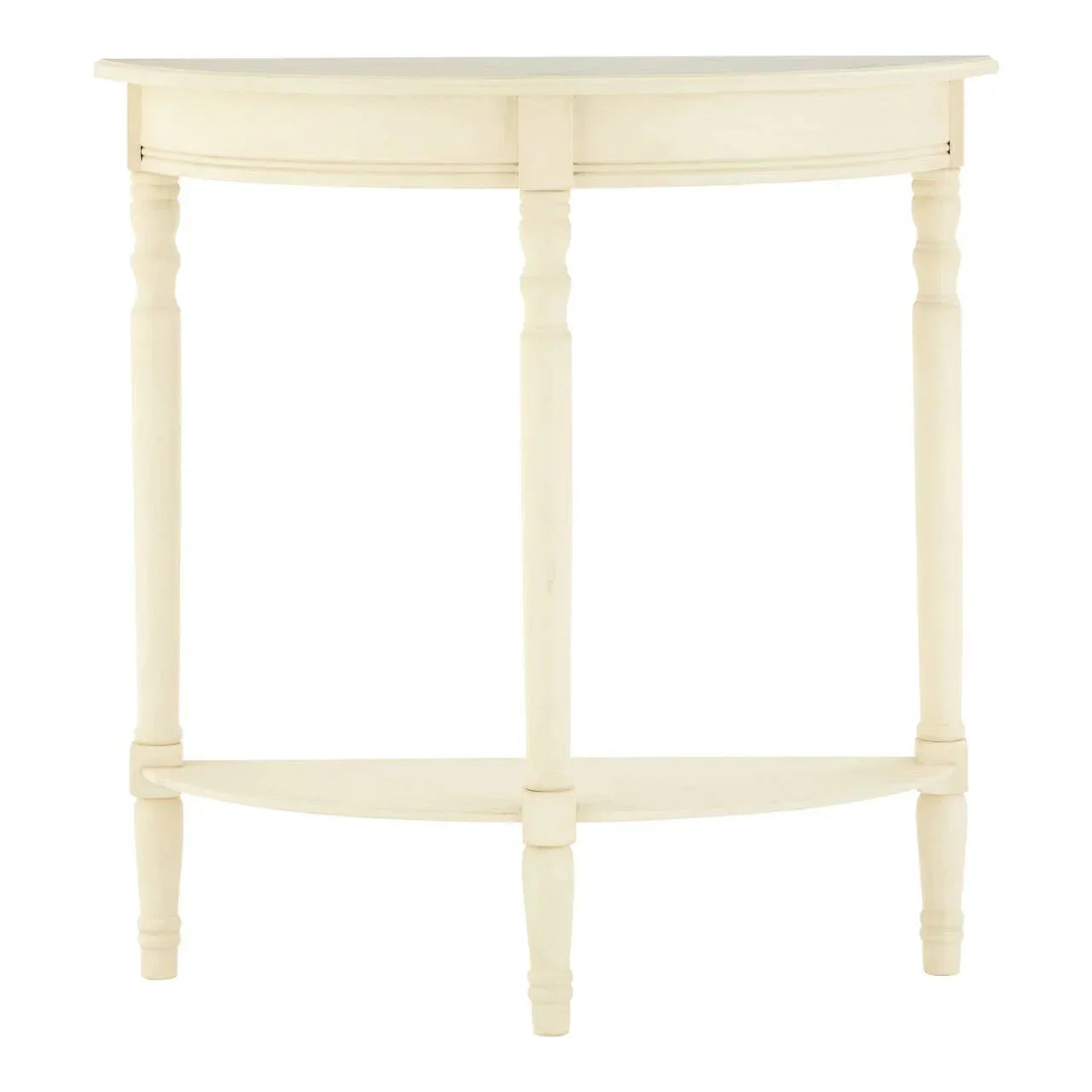 Cream wood hallway console table with half-moon shape and turned legs