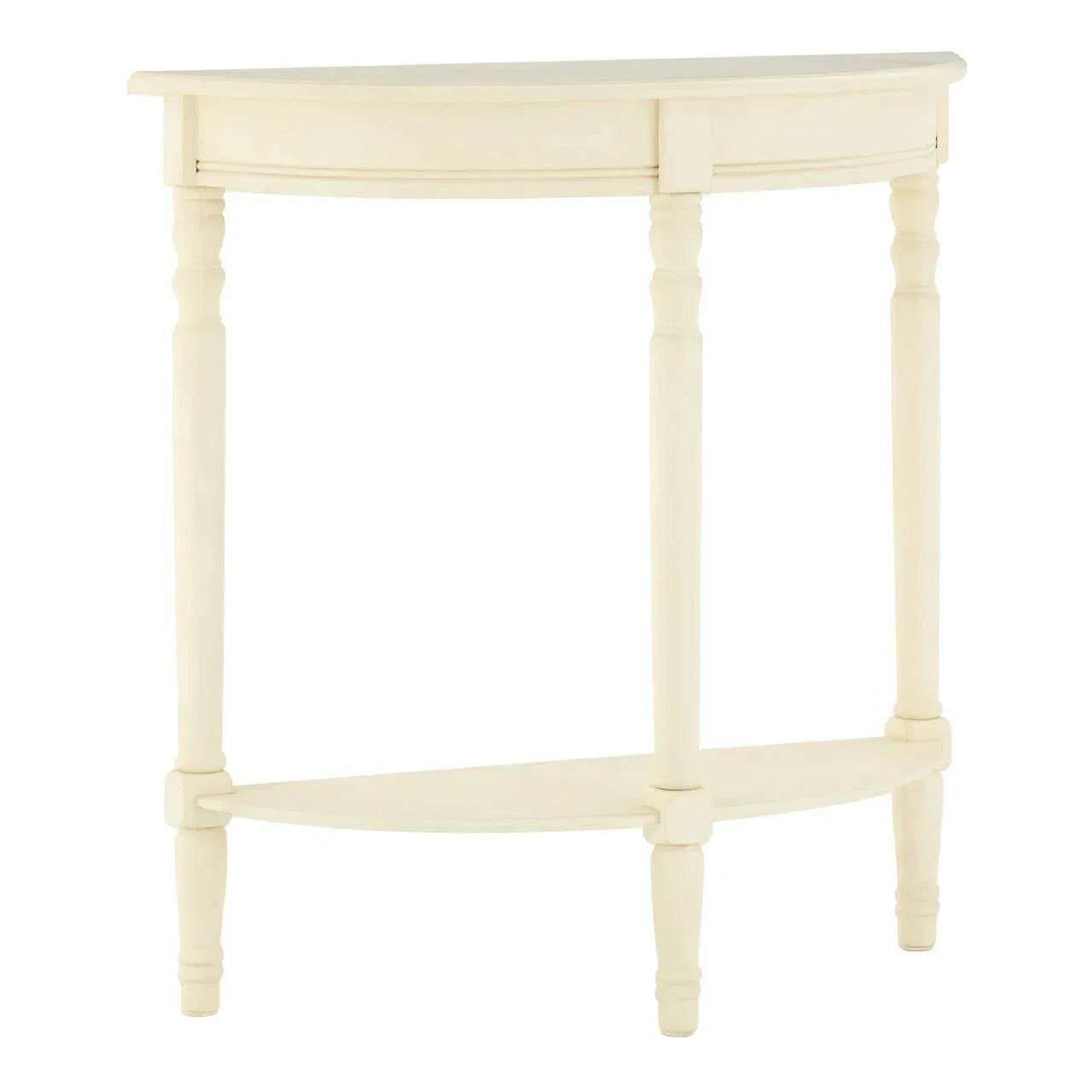 Cream wood console table with turned legs and lower shelf, half-moon shape