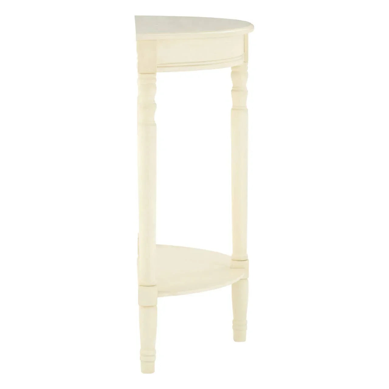 Cream wood half moon console table with lower shelf and turned legs, side angle view