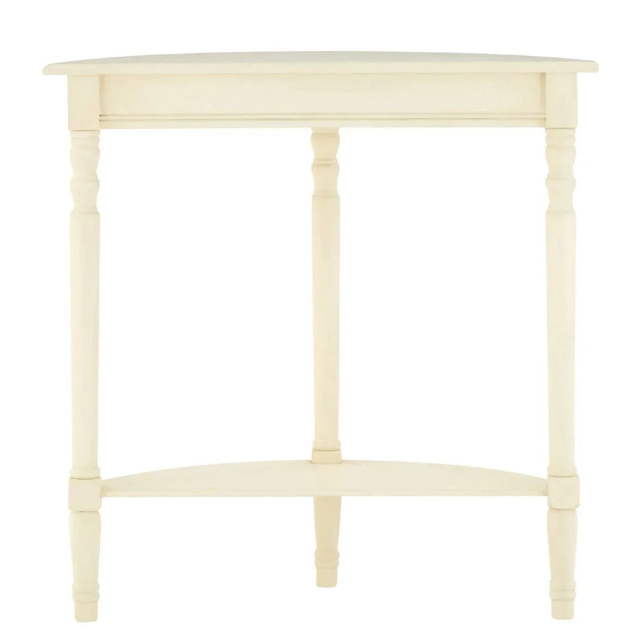 Cream wood console table with three legs and lower shelf, front view