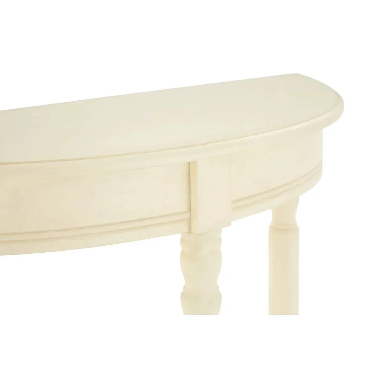 Cream wood console table with curved front and turned legs, partial close-up view