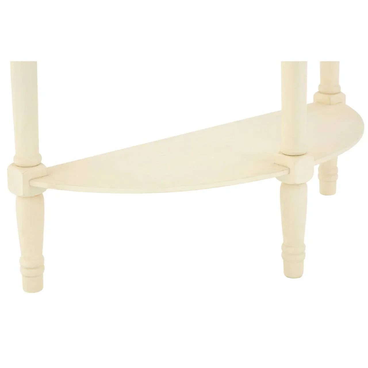 Cream wood table legs with curved lower shelf and turned detailing