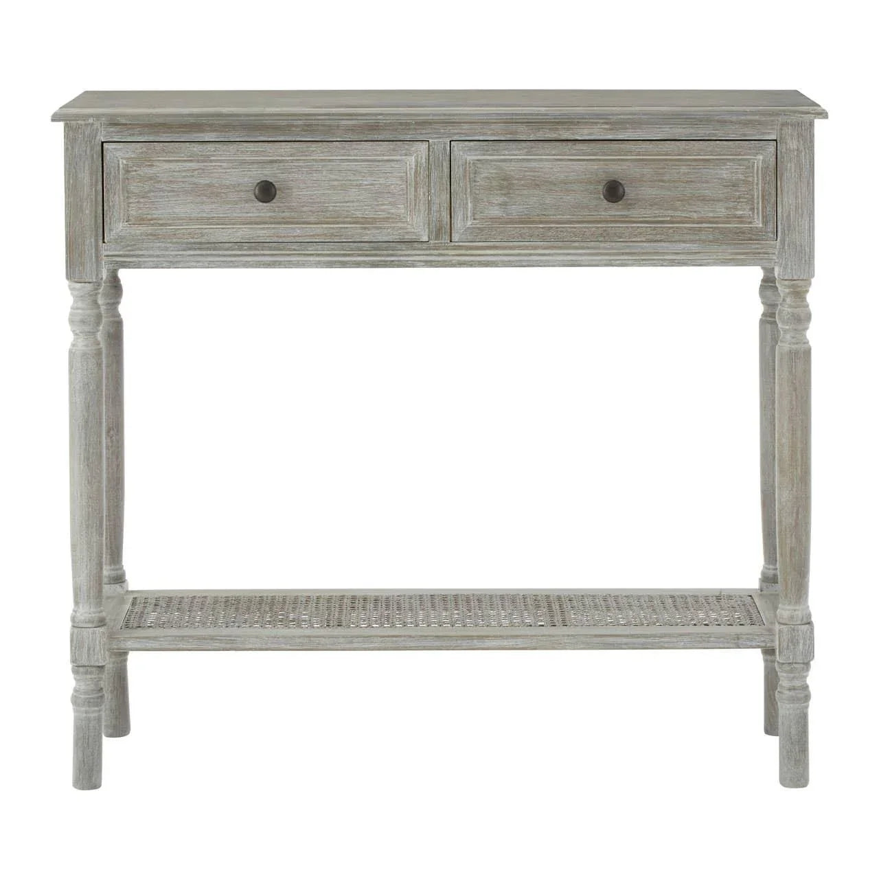 Rustic console table with two drawers and lower rattan shelf in grey wood finish