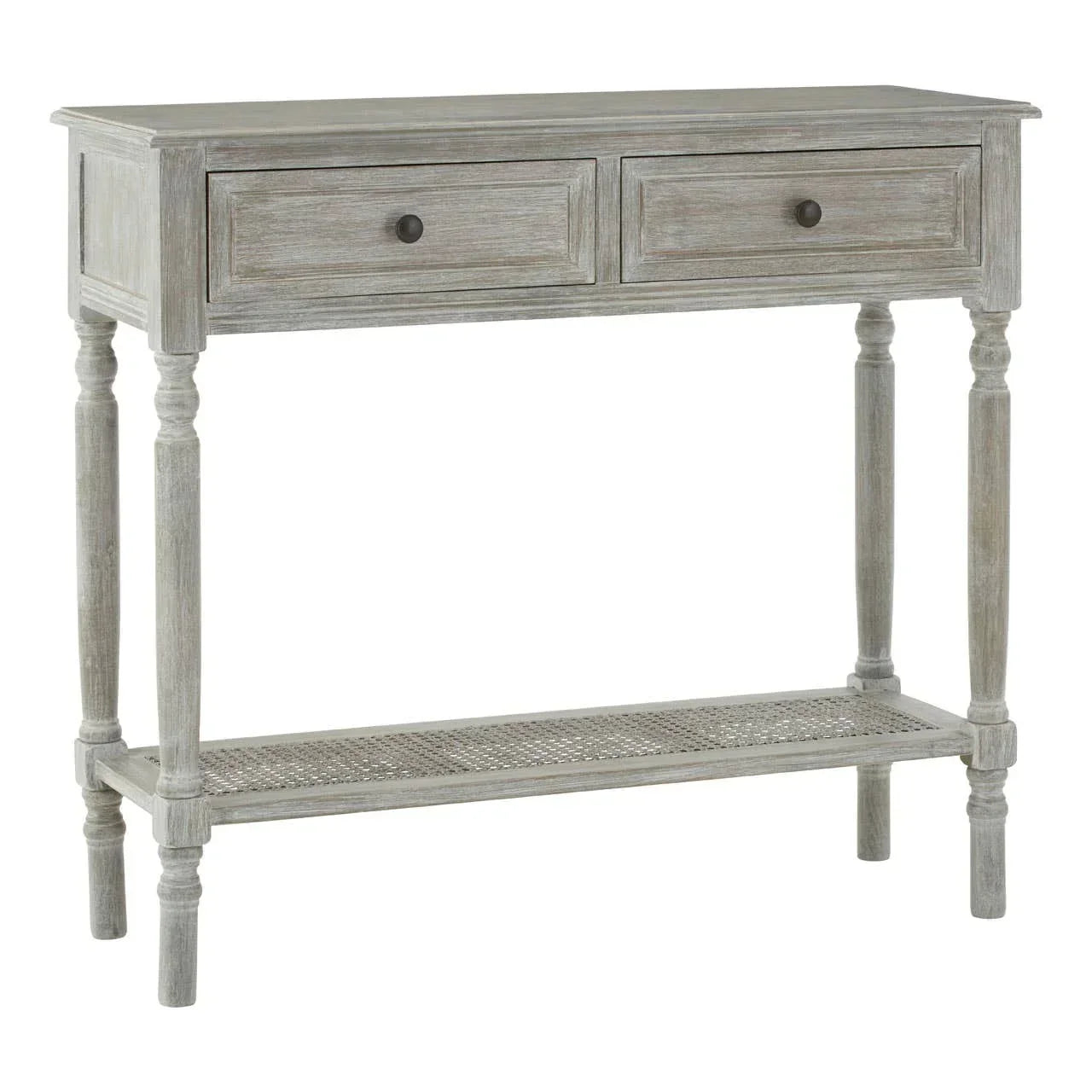 Grey wood console table with two drawers and lower shelf, turned legs, front angle view