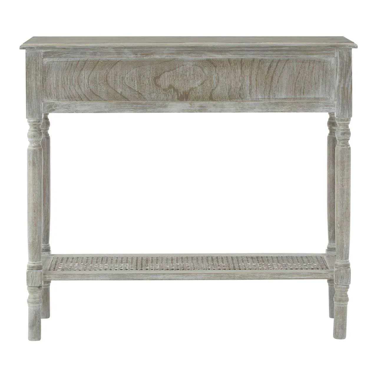 Rustic wood console table with carved legs and lower rattan shelf, front view