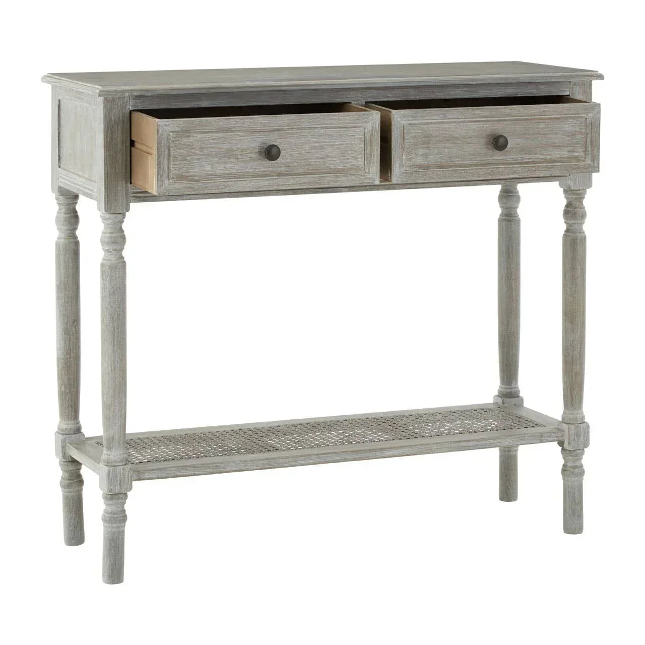 Grey wood console table with two open drawers and lower woven shelf