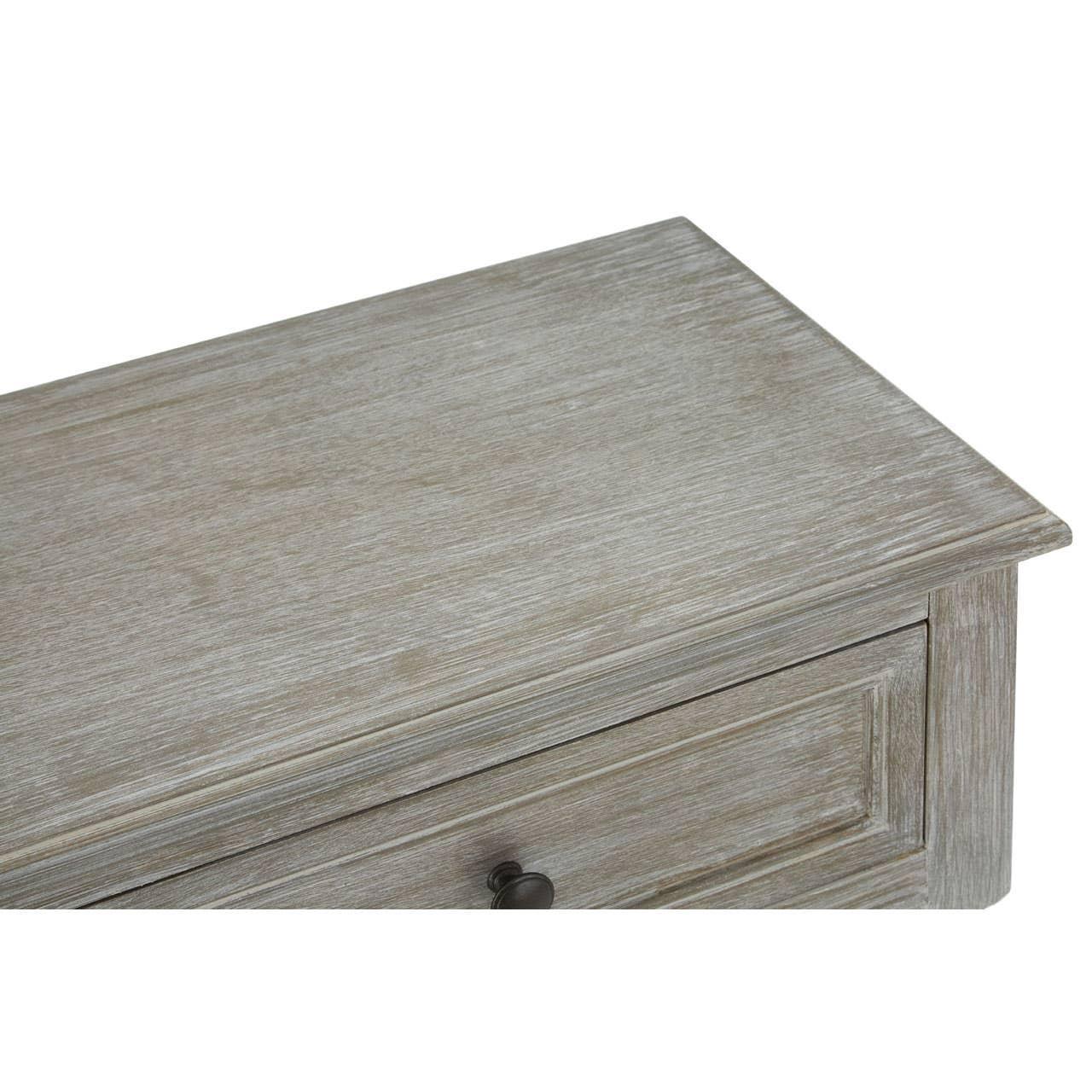 Wooden bedside table detail showing light oak finish and metal drawer handle