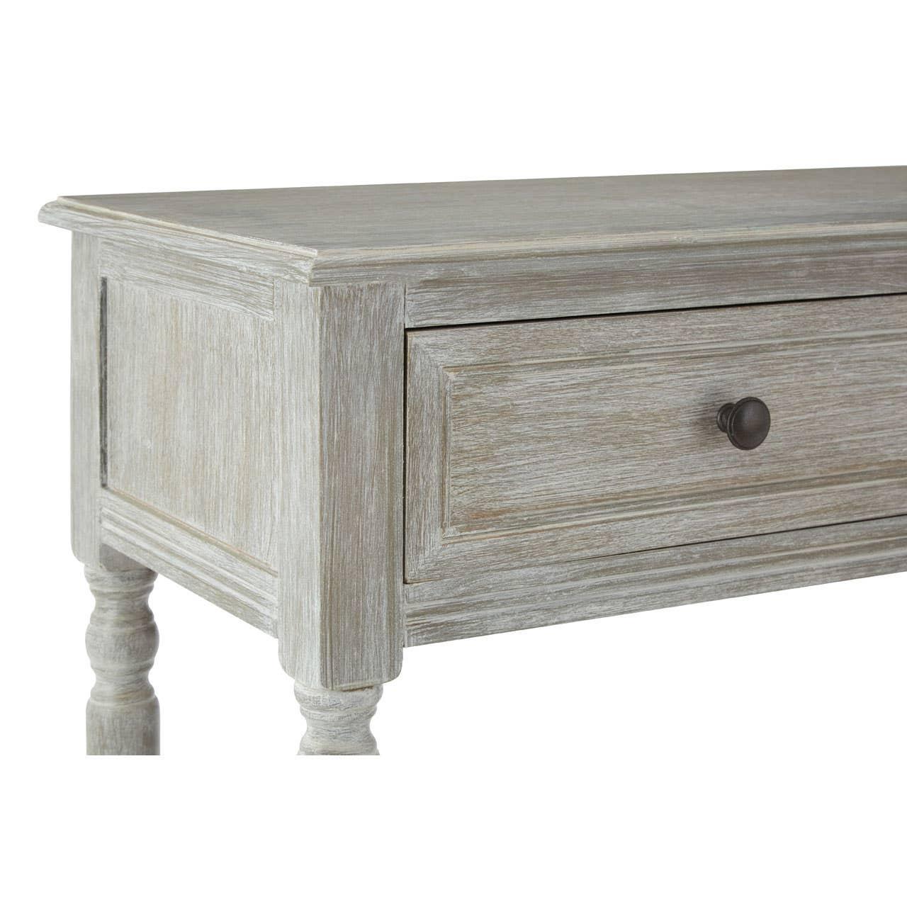 Close view of grey wooden console table with single drawer and turned leg detail