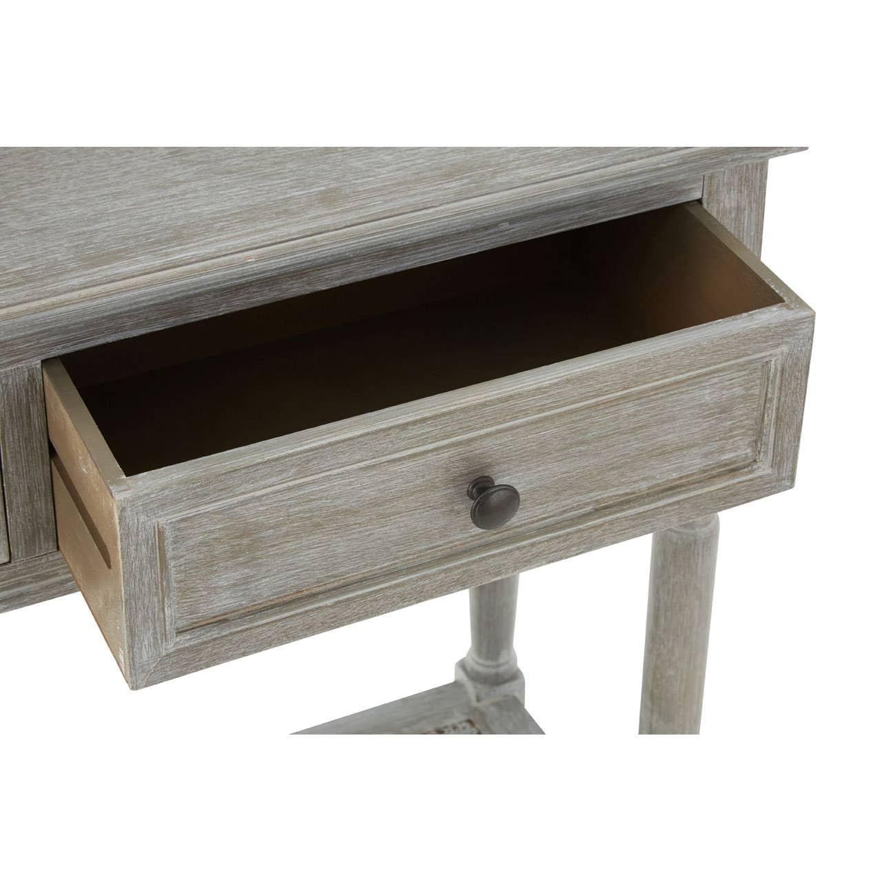 Grey wooden console table with open drawer and round metal handle
