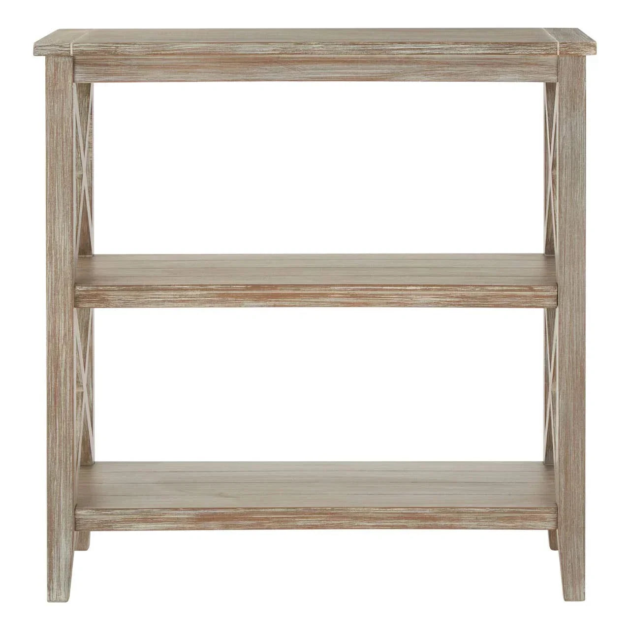Light wood console table with three tiers and cross-pattern side panels, front view