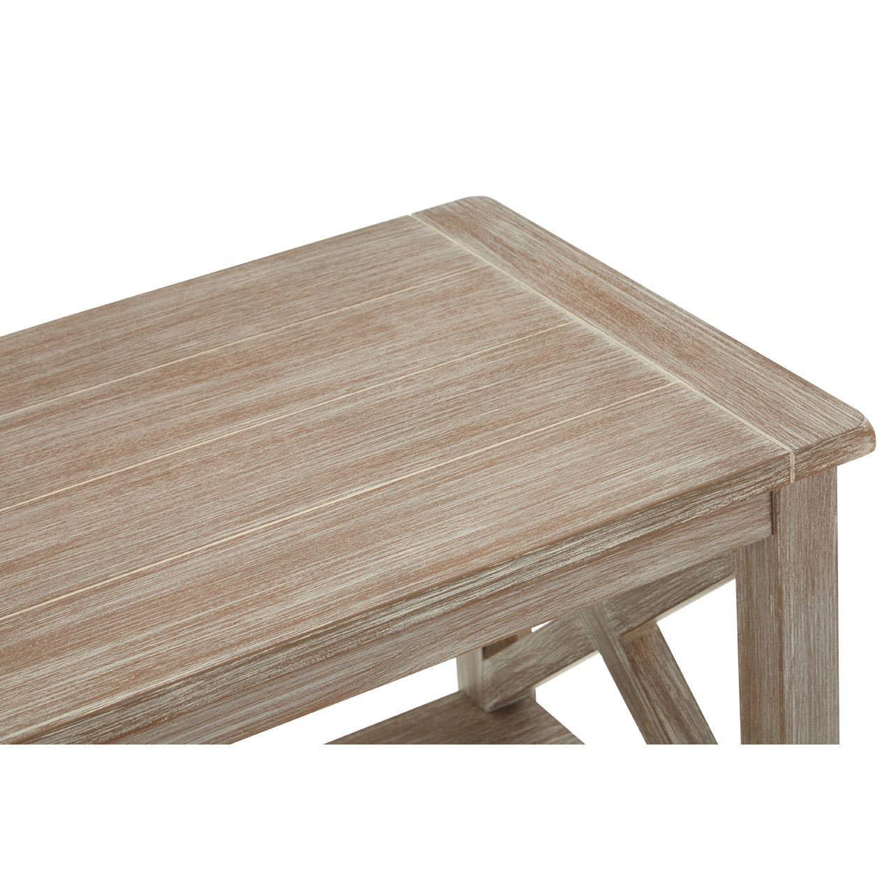 Light oak wooden coffee table corner with visible grain and plank detailing