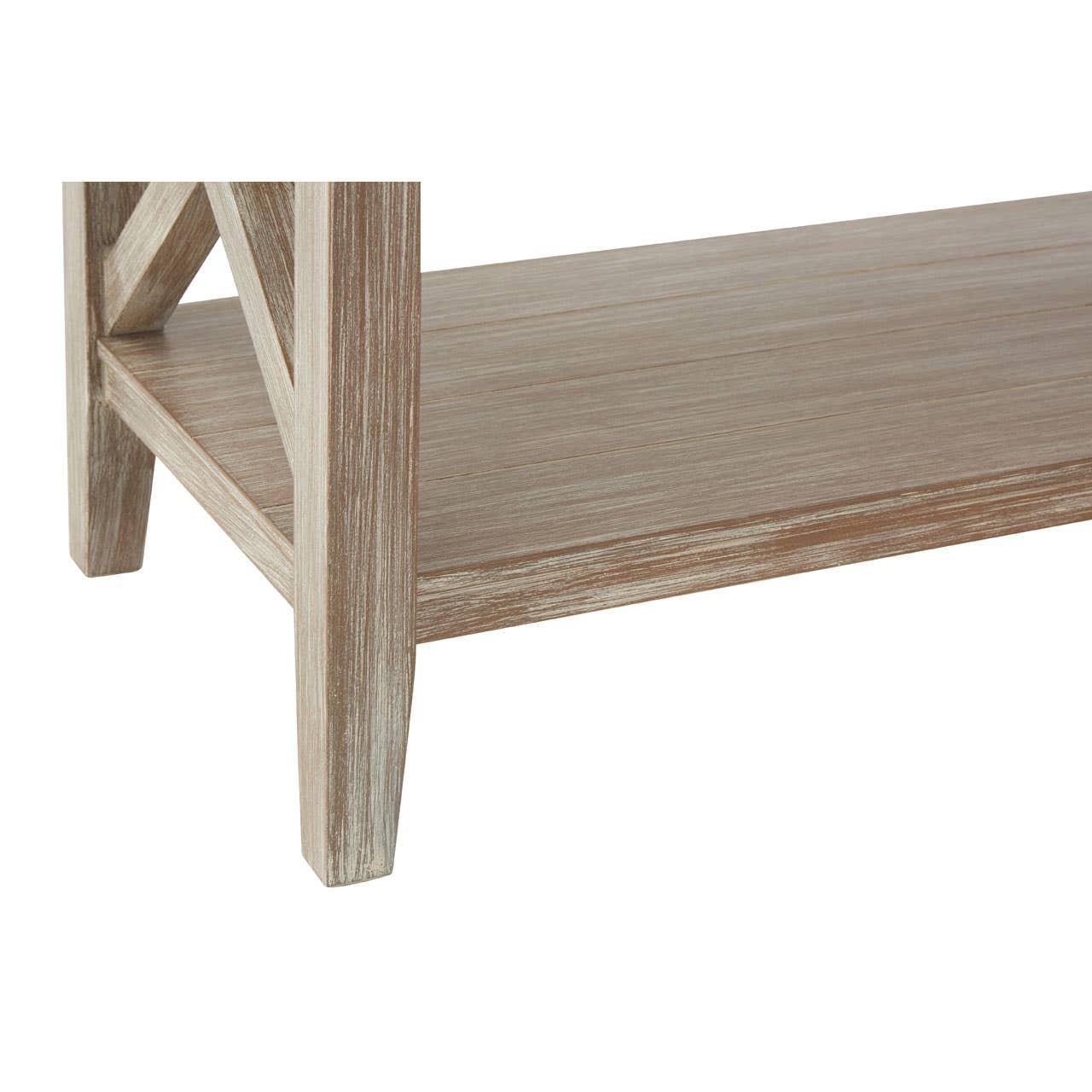 Close view of wooden furniture lower shelf with light oak finish and angled leg supports