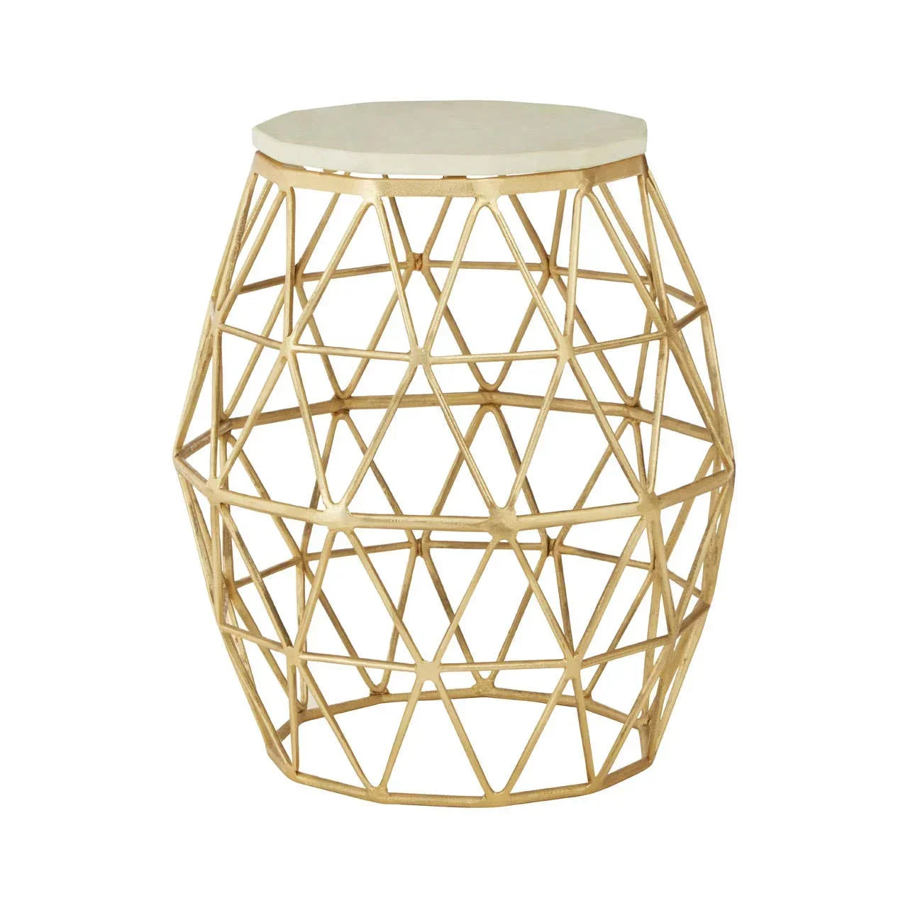 Gold metal side table with geometric wire frame and round marble top on white background